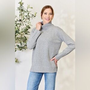 Grey Full Size Turtleneck Long Sleeve Slit Sweater Gray Size 2XL